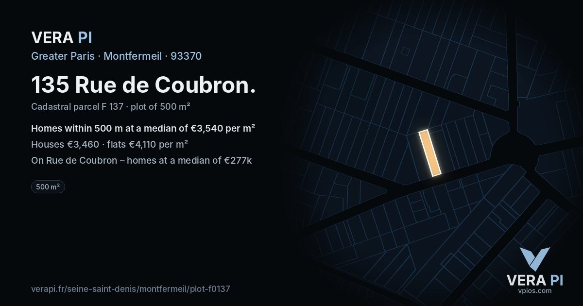135 Rue de Coubron, Montfermeil at night – the plot lit, the parcels around coloured by the prices near them