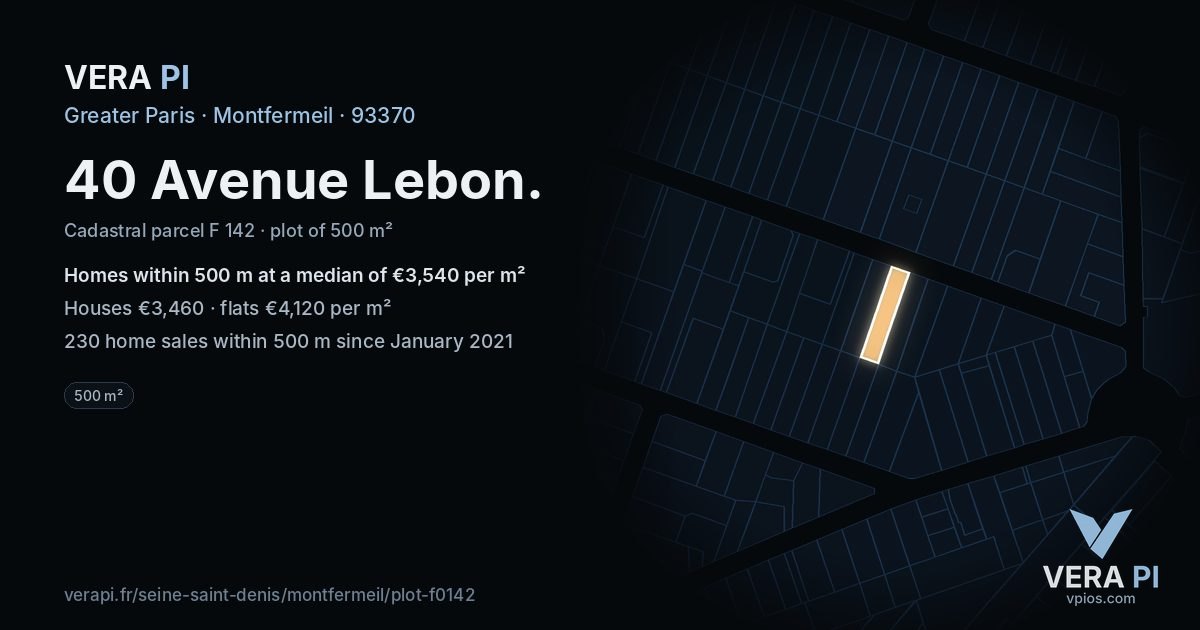 40 Avenue Lebon, Montfermeil at night – the plot lit, the parcels around coloured by the prices near them