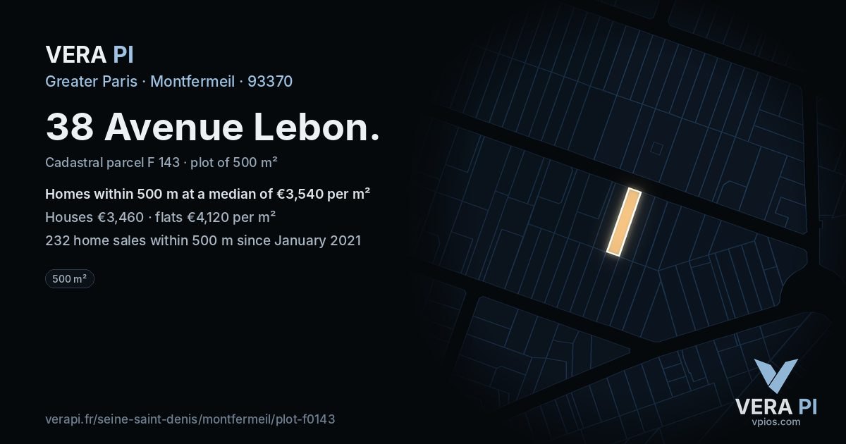 38 Avenue Lebon, Montfermeil at night – the plot lit, the parcels around coloured by the prices near them