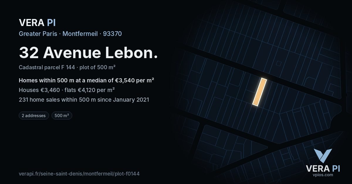 32 Avenue Lebon, Montfermeil at night – the plot lit, the parcels around coloured by the prices near them