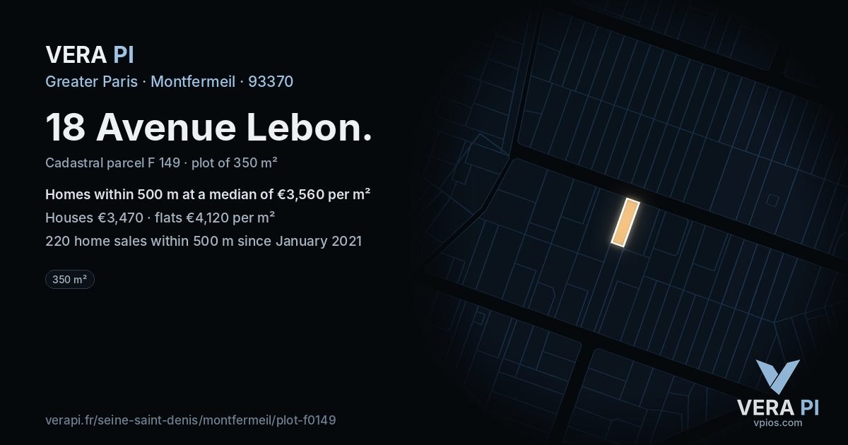 18 Avenue Lebon, Montfermeil at night – the plot lit, the parcels around coloured by the prices near them