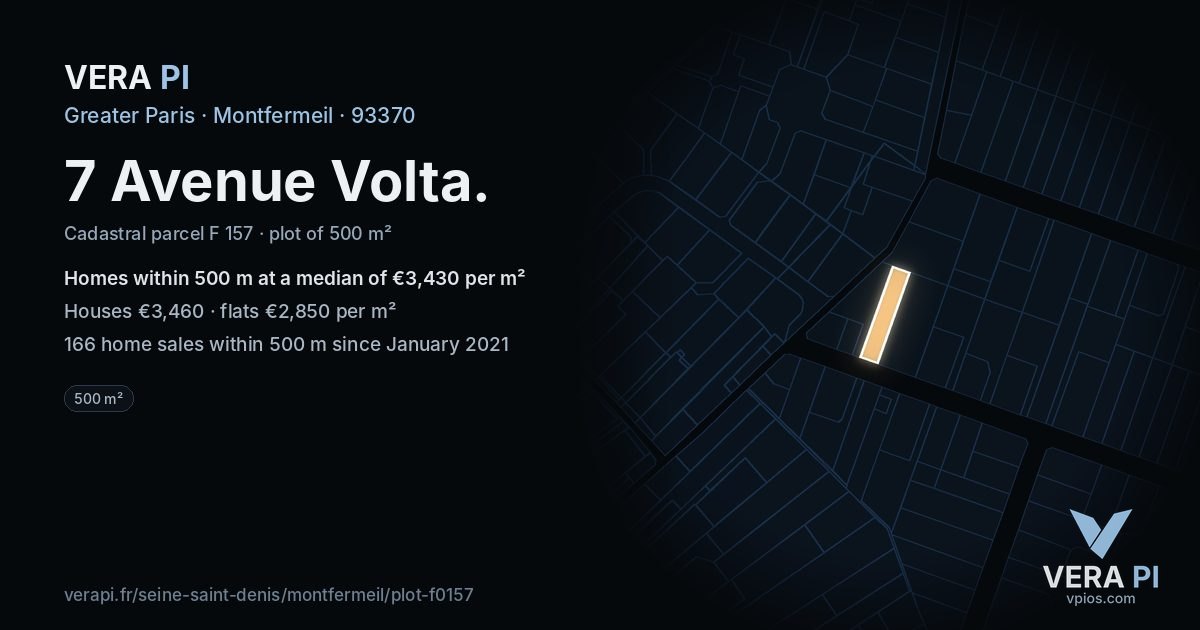 7 Avenue Volta, Montfermeil at night – the plot lit, the parcels around coloured by the prices near them