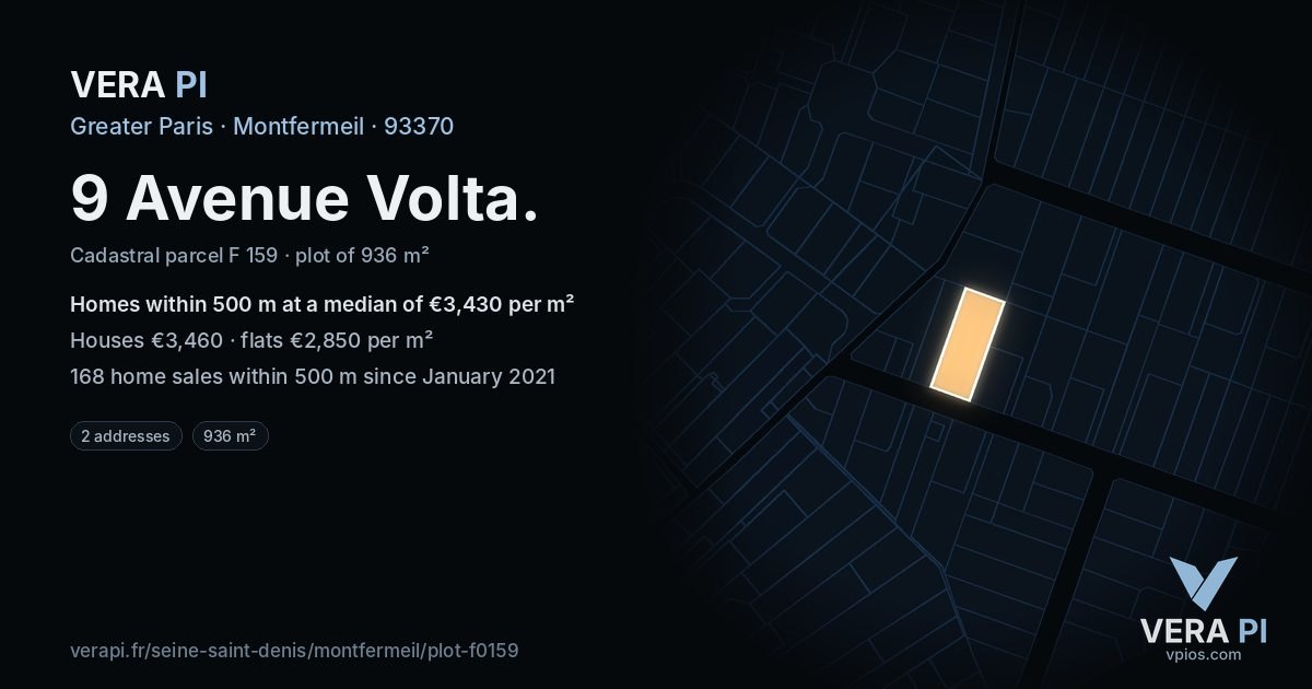 9 Avenue Volta, Montfermeil at night – the plot lit, the parcels around coloured by the prices near them