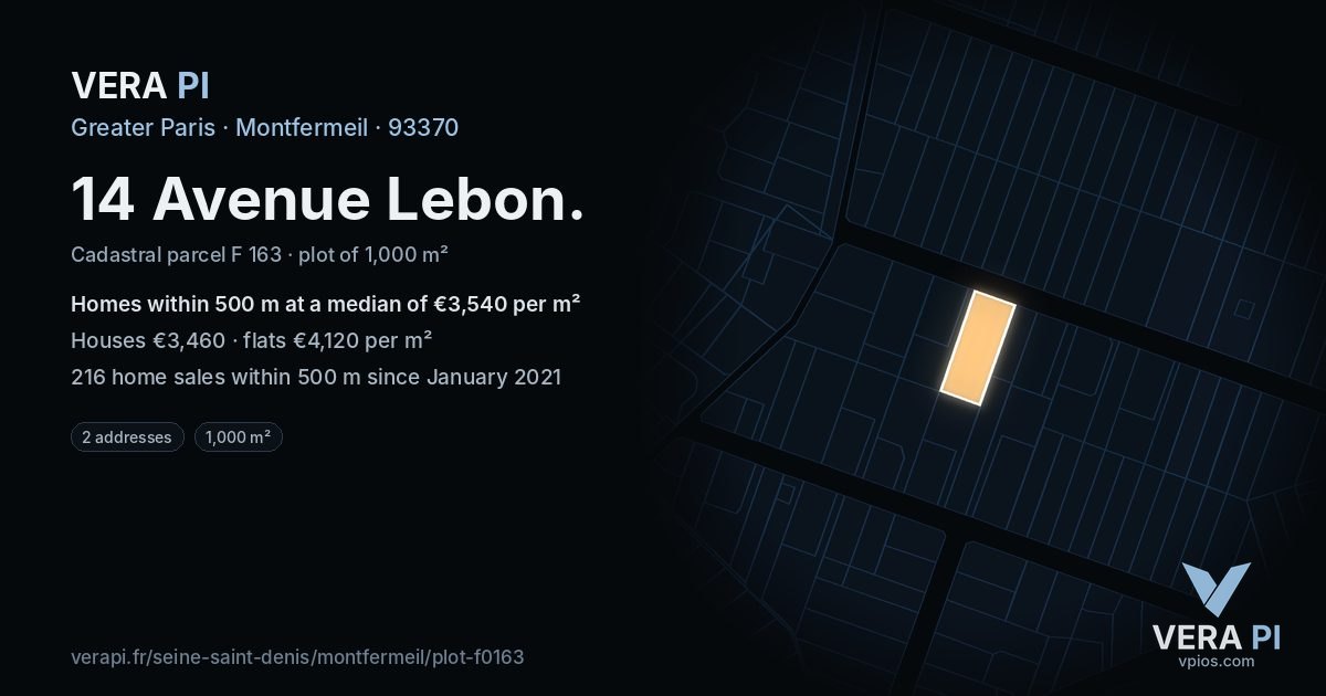 14 Avenue Lebon, Montfermeil at night – the plot lit, the parcels around coloured by the prices near them