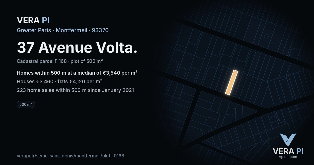 37 Avenue Volta, Montfermeil at night – the plot lit, the parcels around coloured by the prices near them