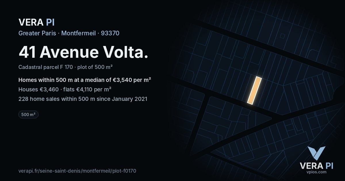 41 Avenue Volta, Montfermeil at night – the plot lit, the parcels around coloured by the prices near them
