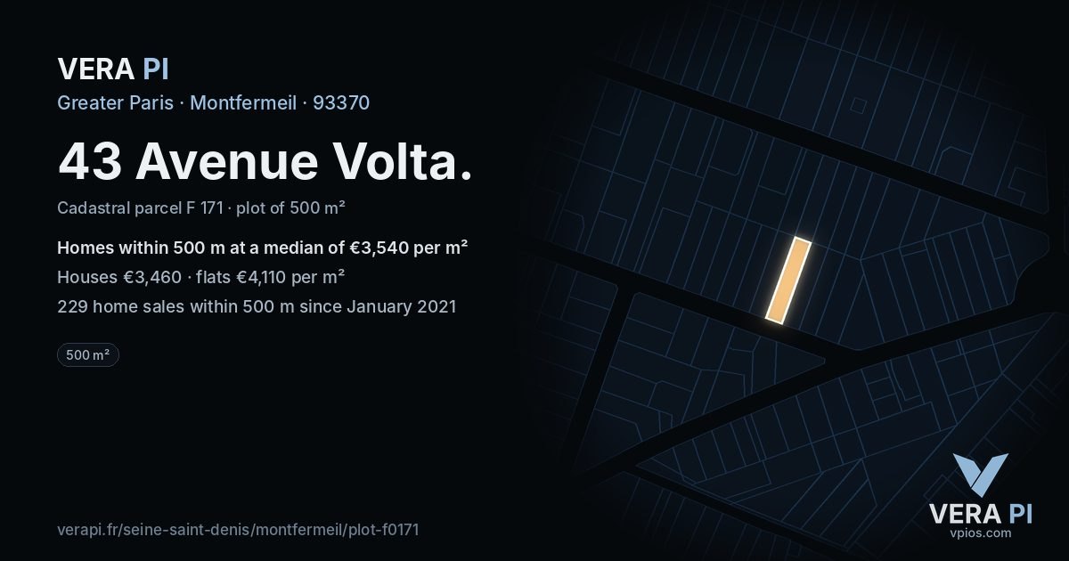 43 Avenue Volta, Montfermeil at night – the plot lit, the parcels around coloured by the prices near them