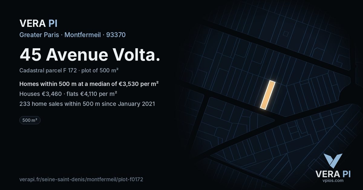 45 Avenue Volta, Montfermeil at night – the plot lit, the parcels around coloured by the prices near them