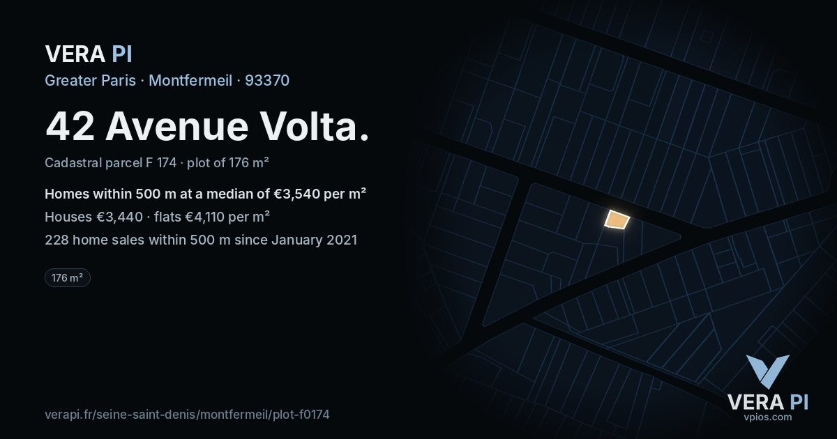 42 Avenue Volta, Montfermeil at night – the plot lit, the parcels around coloured by the prices near them