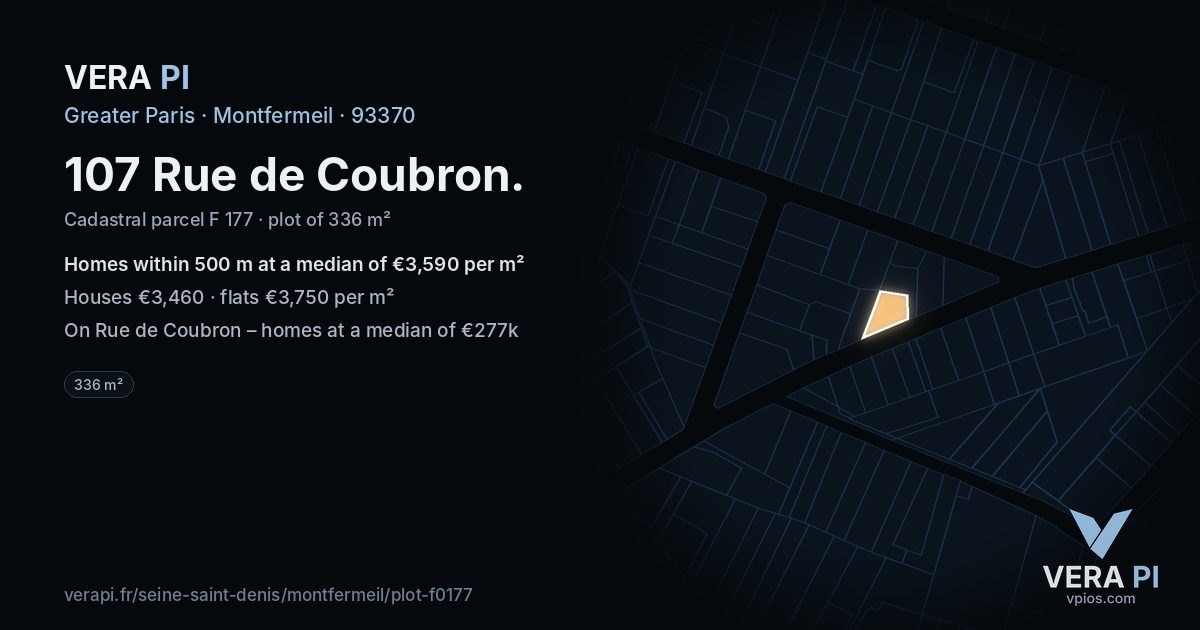 107 Rue de Coubron, Montfermeil at night – the plot lit, the parcels around coloured by the prices near them