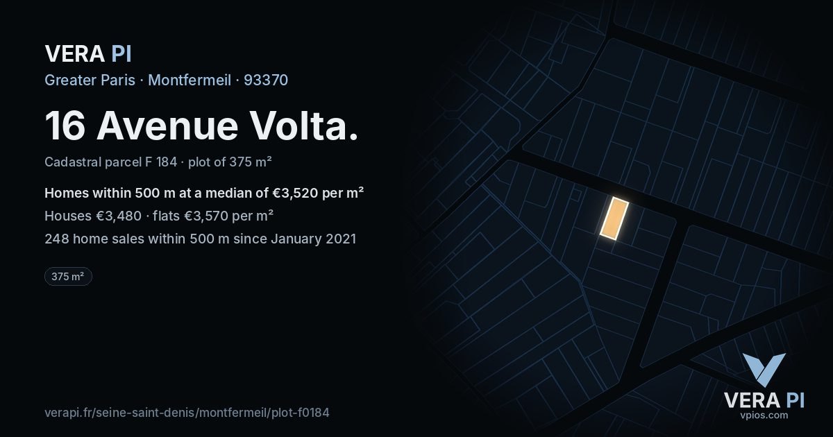 16 Avenue Volta, Montfermeil at night – the plot lit, the parcels around coloured by the prices near them