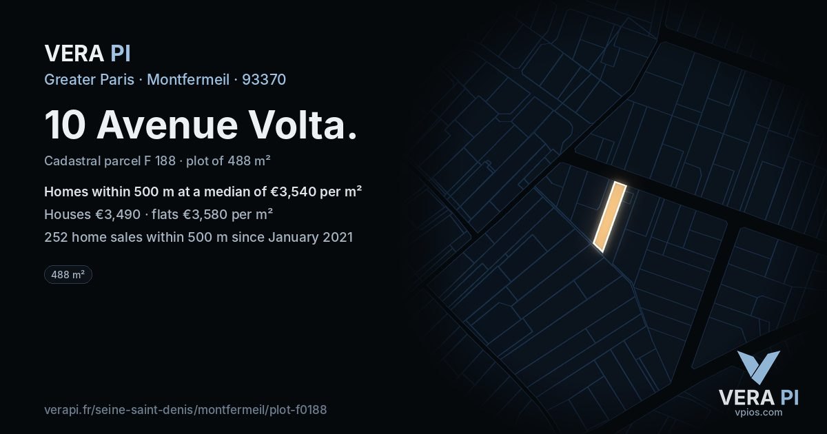 10 Avenue Volta, Montfermeil at night – the plot lit, the parcels around coloured by the prices near them