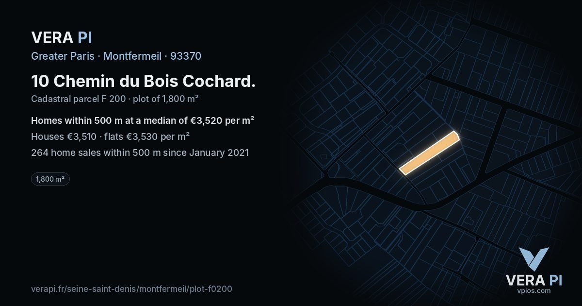 10 Chemin du Bois Cochard, Montfermeil at night – the plot lit, the parcels around coloured by the prices near them
