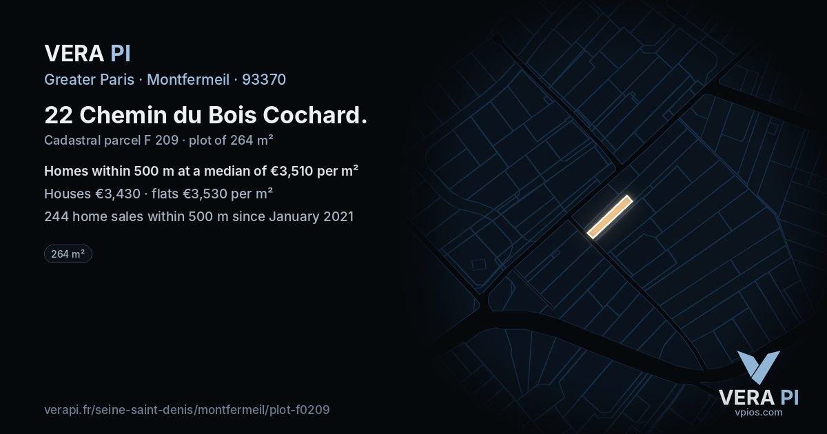 22 Chemin du Bois Cochard, Montfermeil at night – the plot lit, the parcels around coloured by the prices near them