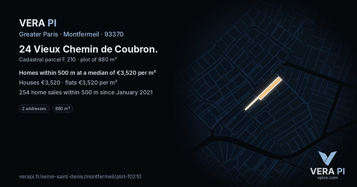 24 Vieux Chemin de Coubron, Montfermeil at night – the plot lit, the parcels around coloured by the prices near them