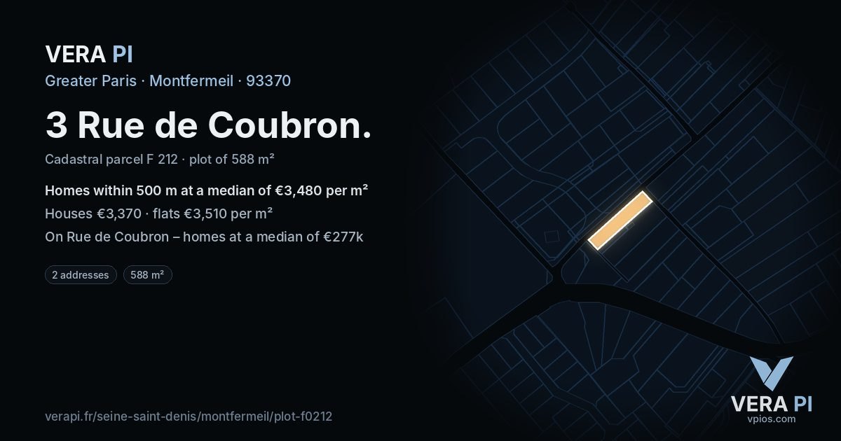 3 Rue de Coubron, Montfermeil at night – the plot lit, the parcels around coloured by the prices near them