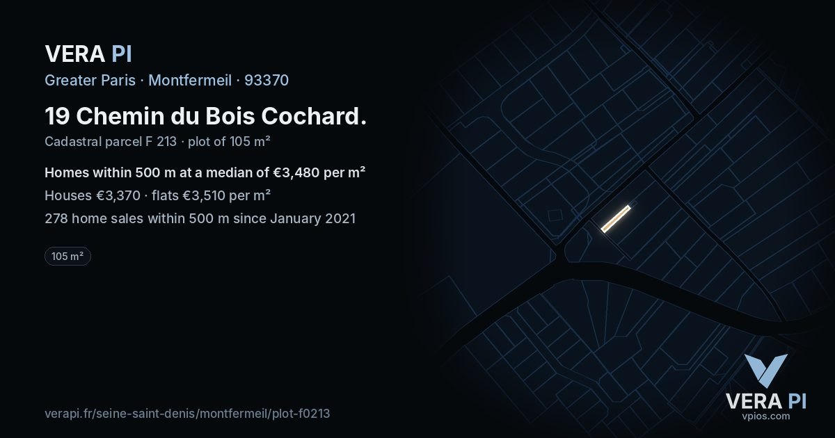 19 Chemin du Bois Cochard, Montfermeil at night – the plot lit, the parcels around coloured by the prices near them