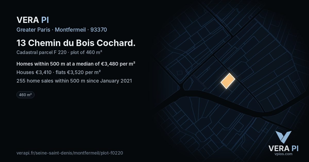 13 Chemin du Bois Cochard, Montfermeil at night – the plot lit, the parcels around coloured by the prices near them