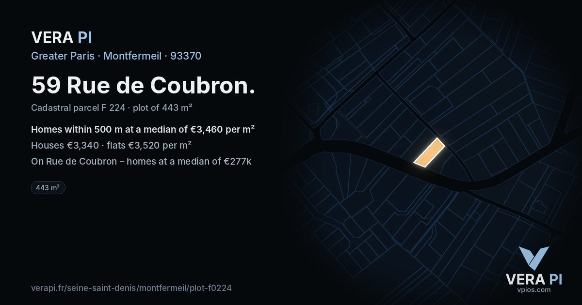 59 Rue de Coubron, Montfermeil at night – the plot lit, the parcels around coloured by the prices near them