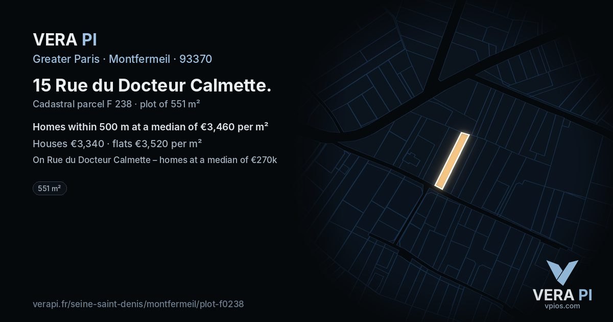 15 Rue du Docteur Calmette, Montfermeil at night – the plot lit, the parcels around coloured by the prices near them