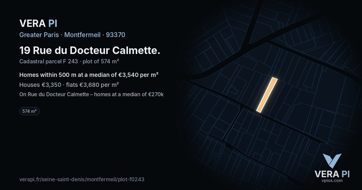19 Rue du Docteur Calmette, Montfermeil at night – the plot lit, the parcels around coloured by the prices near them