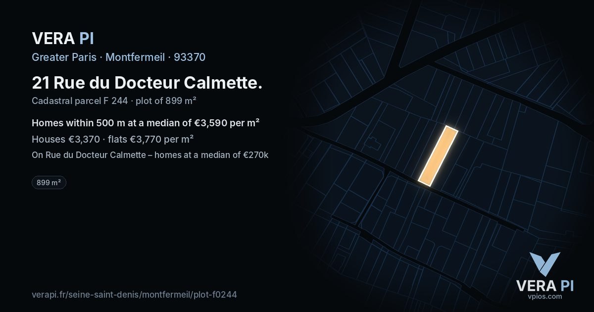 21 Rue du Docteur Calmette, Montfermeil at night – the plot lit, the parcels around coloured by the prices near them