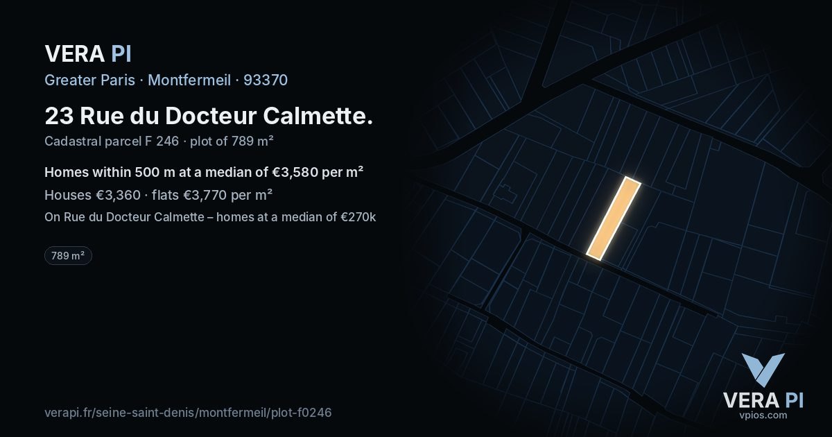23 Rue du Docteur Calmette, Montfermeil at night – the plot lit, the parcels around coloured by the prices near them