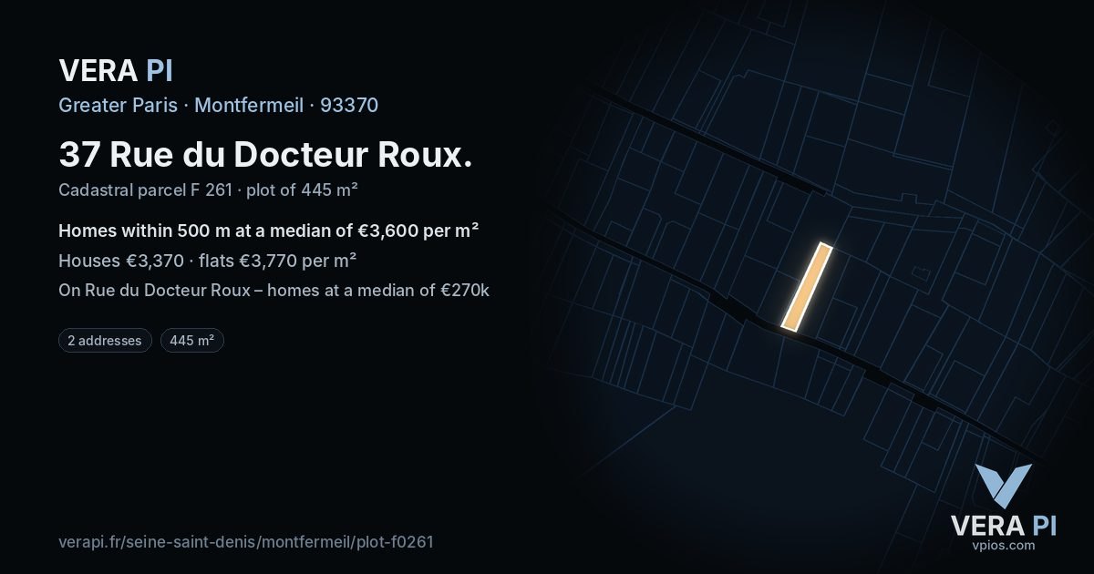 37 Rue du Docteur Roux, Montfermeil at night – the plot lit, the parcels around coloured by the prices near them