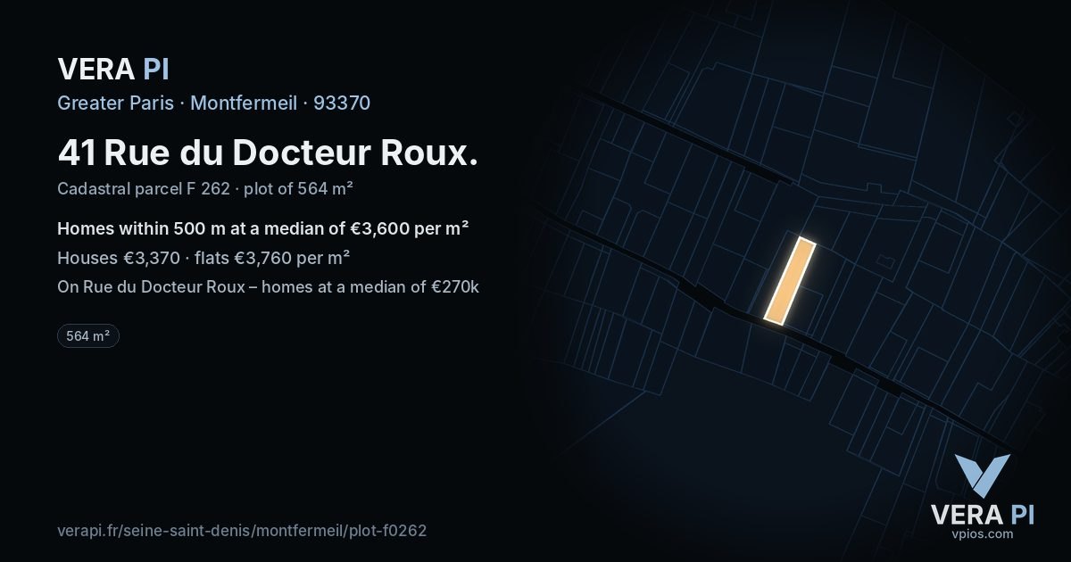 41 Rue du Docteur Roux, Montfermeil at night – the plot lit, the parcels around coloured by the prices near them