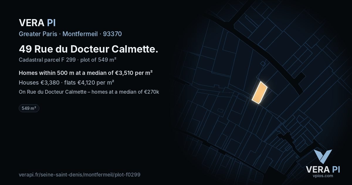 49 Rue du Docteur Calmette, Montfermeil at night – the plot lit, the parcels around coloured by the prices near them