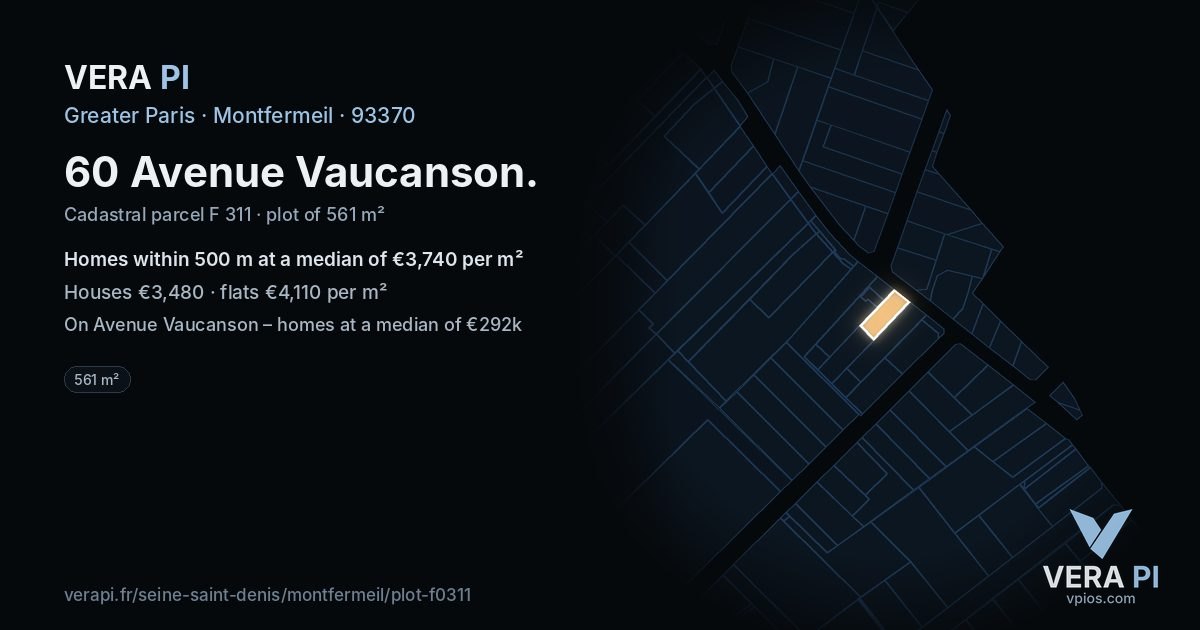 60 Avenue Vaucanson, Montfermeil at night – the plot lit, the parcels around coloured by the prices near them