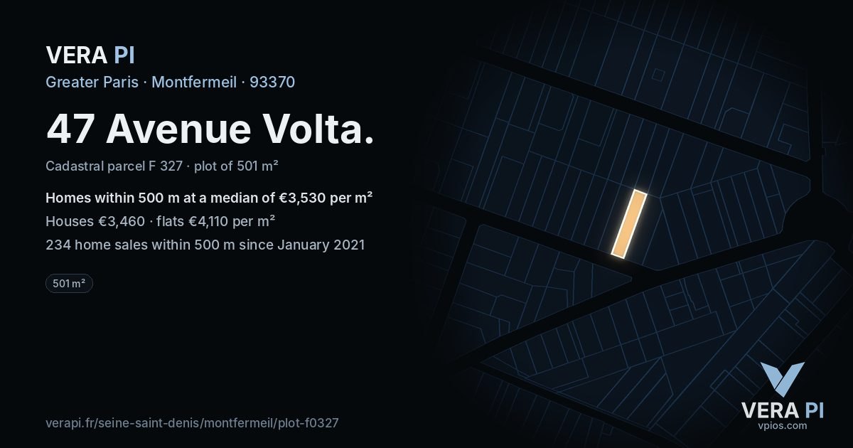 47 Avenue Volta, Montfermeil at night – the plot lit, the parcels around coloured by the prices near them