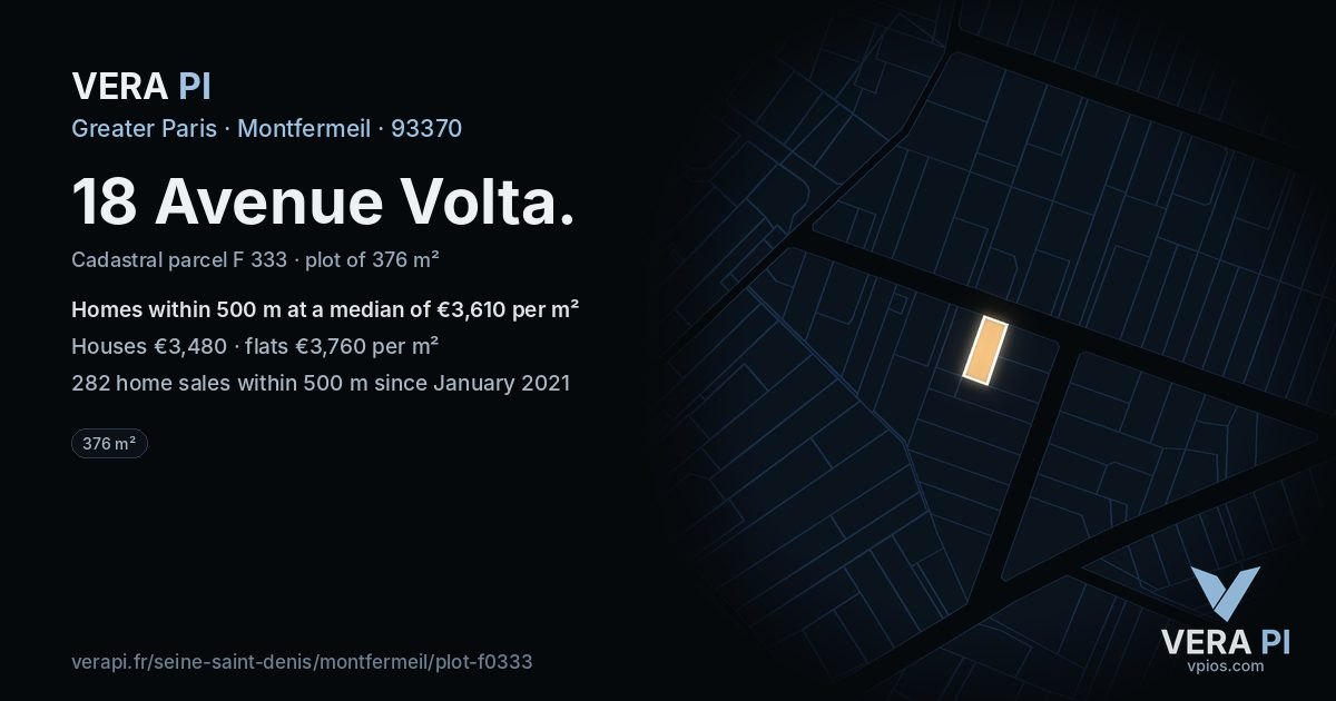 18 Avenue Volta, Montfermeil at night – the plot lit, the parcels around coloured by the prices near them