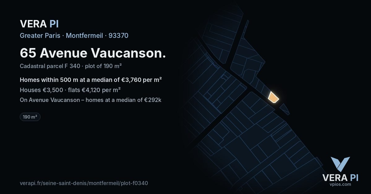 65 Avenue Vaucanson, Montfermeil at night – the plot lit, the parcels around coloured by the prices near them