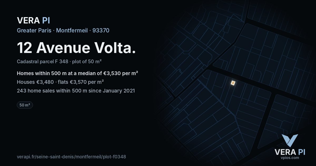 12 Avenue Volta, Montfermeil at night – the plot lit, the parcels around coloured by the prices near them