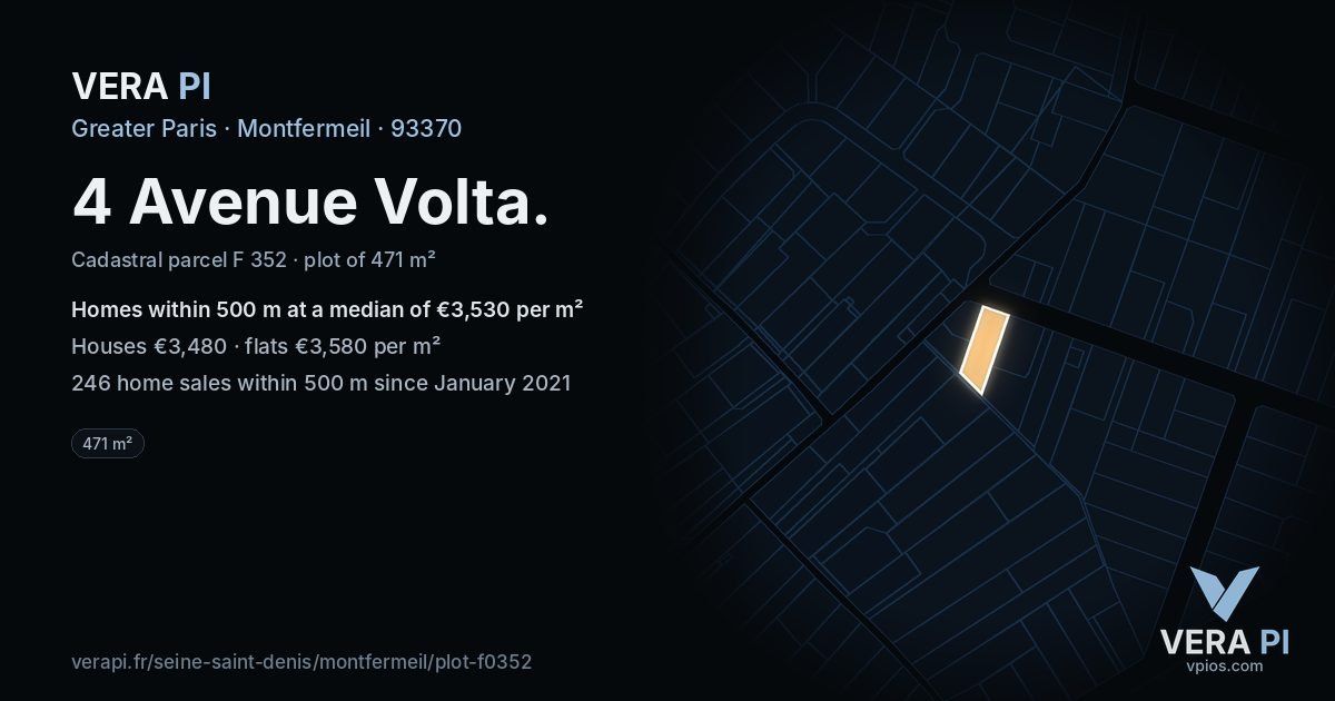 4 Avenue Volta, Montfermeil at night – the plot lit, the parcels around coloured by the prices near them