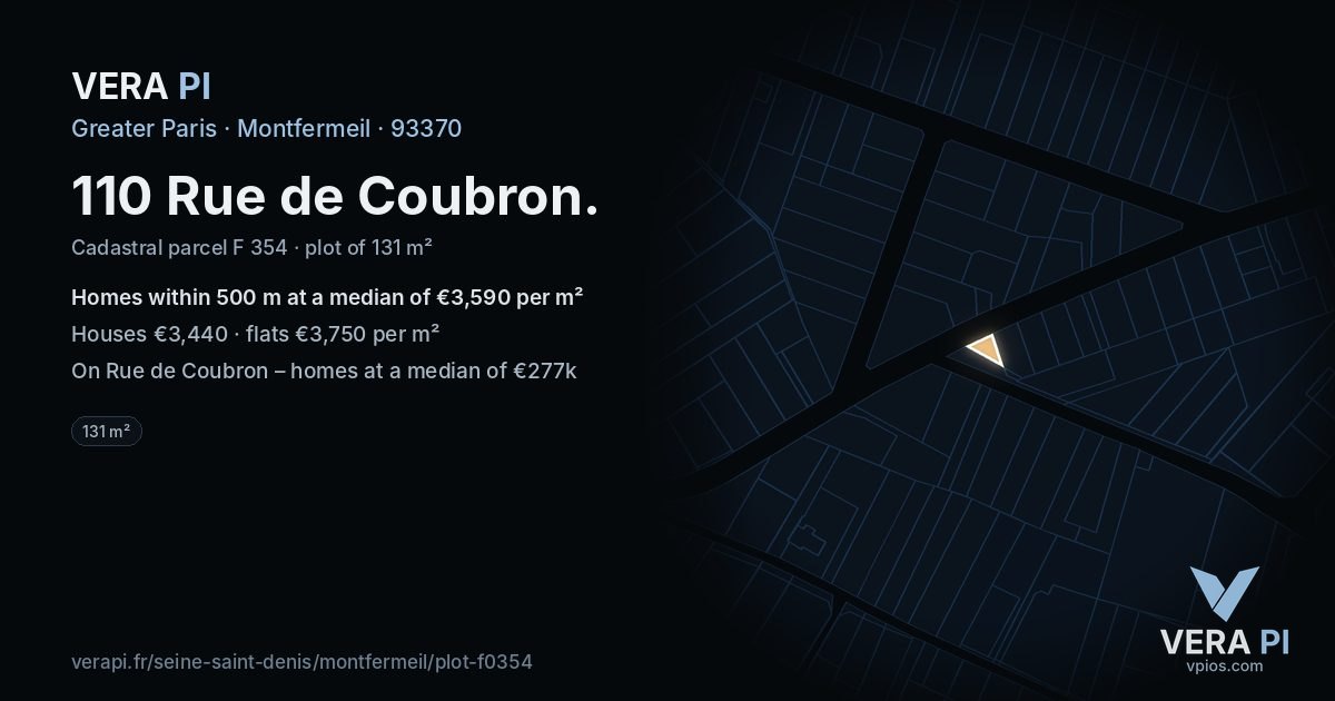 110 Rue de Coubron, Montfermeil at night – the plot lit, the parcels around coloured by the prices near them