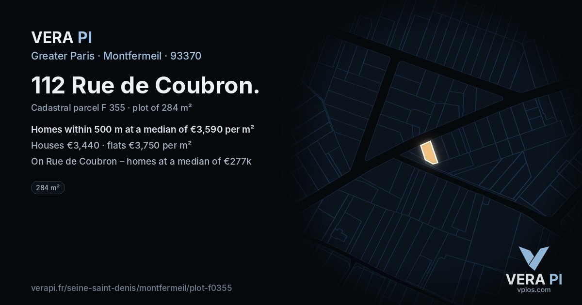 112 Rue de Coubron, Montfermeil at night – the plot lit, the parcels around coloured by the prices near them
