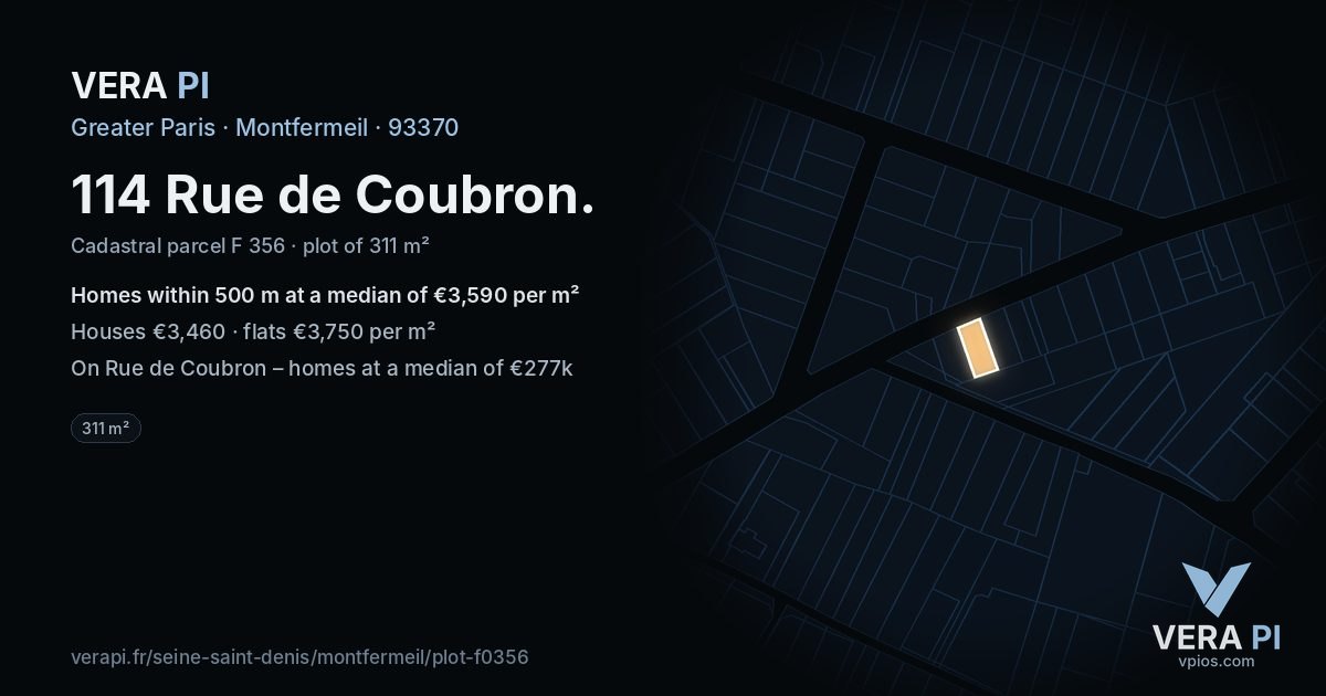 114 Rue de Coubron, Montfermeil at night – the plot lit, the parcels around coloured by the prices near them