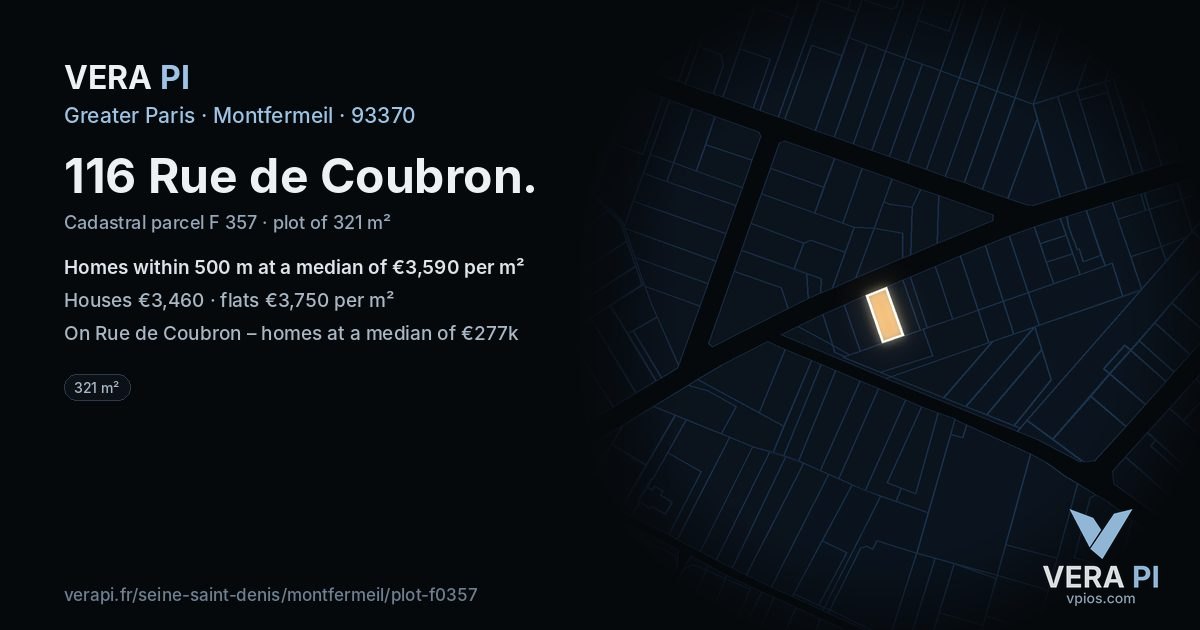 116 Rue de Coubron, Montfermeil at night – the plot lit, the parcels around coloured by the prices near them