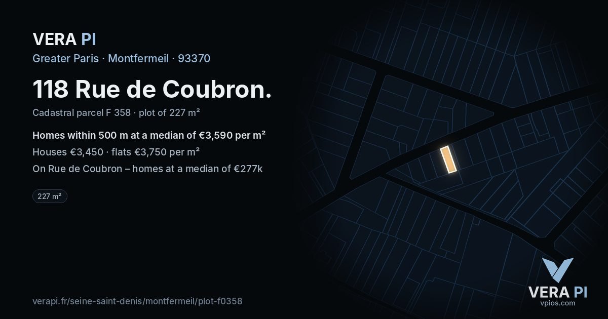 118 Rue de Coubron, Montfermeil at night – the plot lit, the parcels around coloured by the prices near them