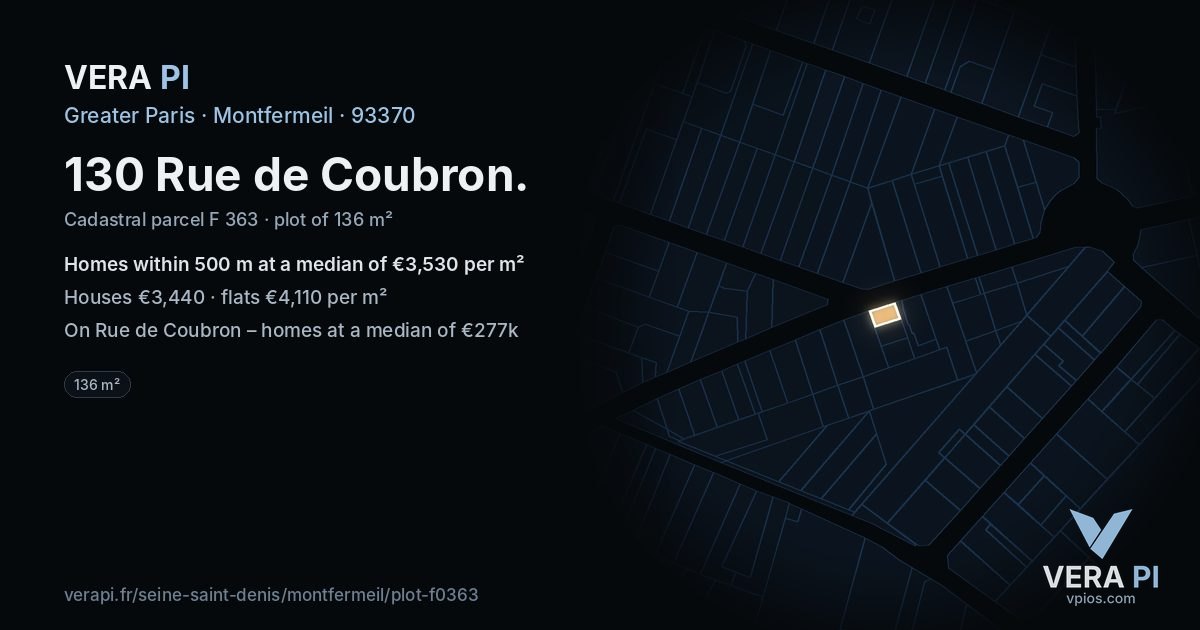130 Rue de Coubron, Montfermeil at night – the plot lit, the parcels around coloured by the prices near them