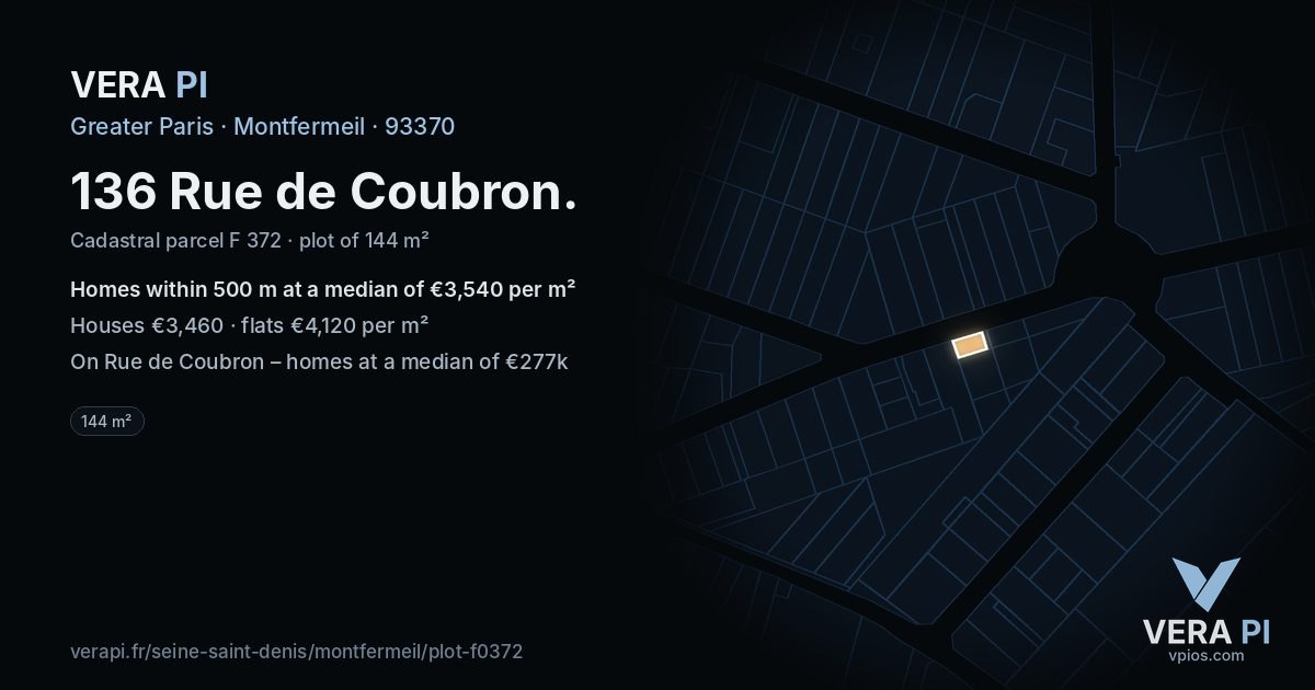 136 Rue de Coubron, Montfermeil at night – the plot lit, the parcels around coloured by the prices near them