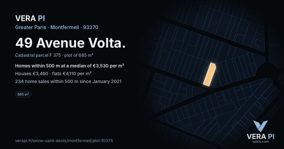 49 Avenue Volta, Montfermeil at night – the plot lit, the parcels around coloured by the prices near them