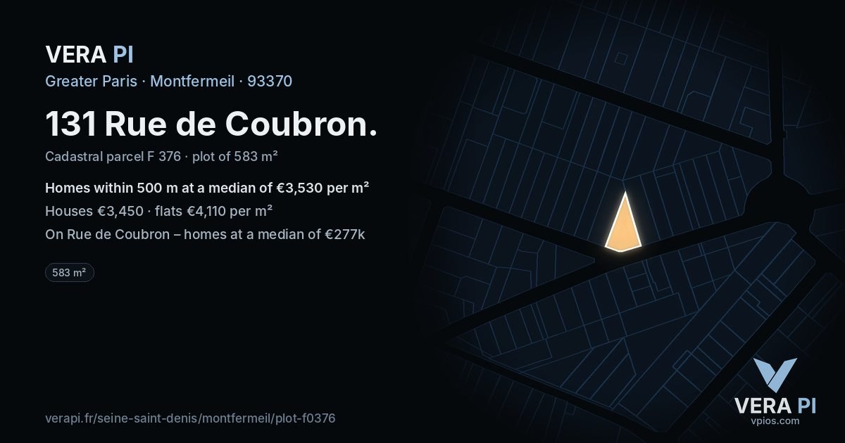 131 Rue de Coubron, Montfermeil at night – the plot lit, the parcels around coloured by the prices near them