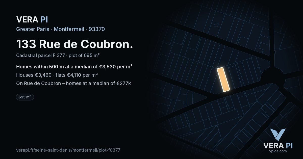 133 Rue de Coubron, Montfermeil at night – the plot lit, the parcels around coloured by the prices near them