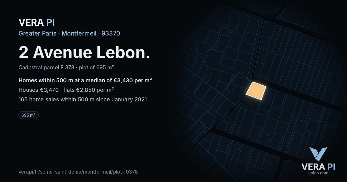 2 Avenue Lebon, Montfermeil at night – the plot lit, the parcels around coloured by the prices near them