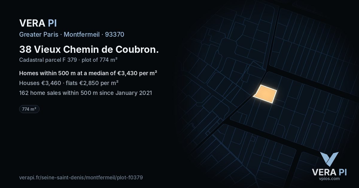 38 Vieux Chemin de Coubron, Montfermeil at night – the plot lit, the parcels around coloured by the prices near them