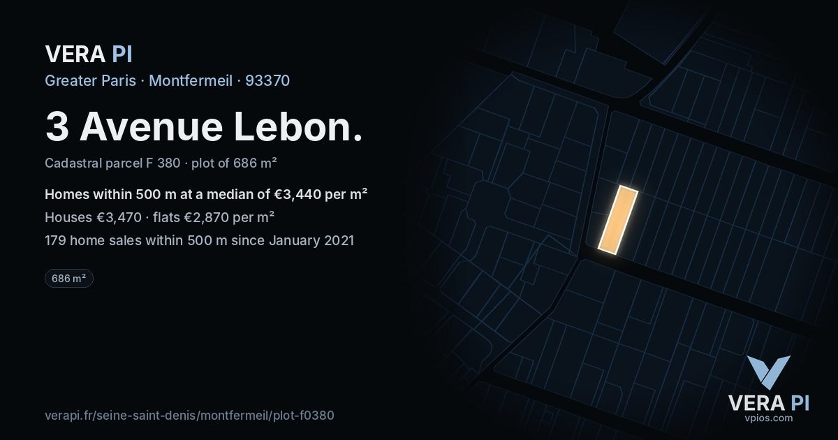 3 Avenue Lebon, Montfermeil at night – the plot lit, the parcels around coloured by the prices near them