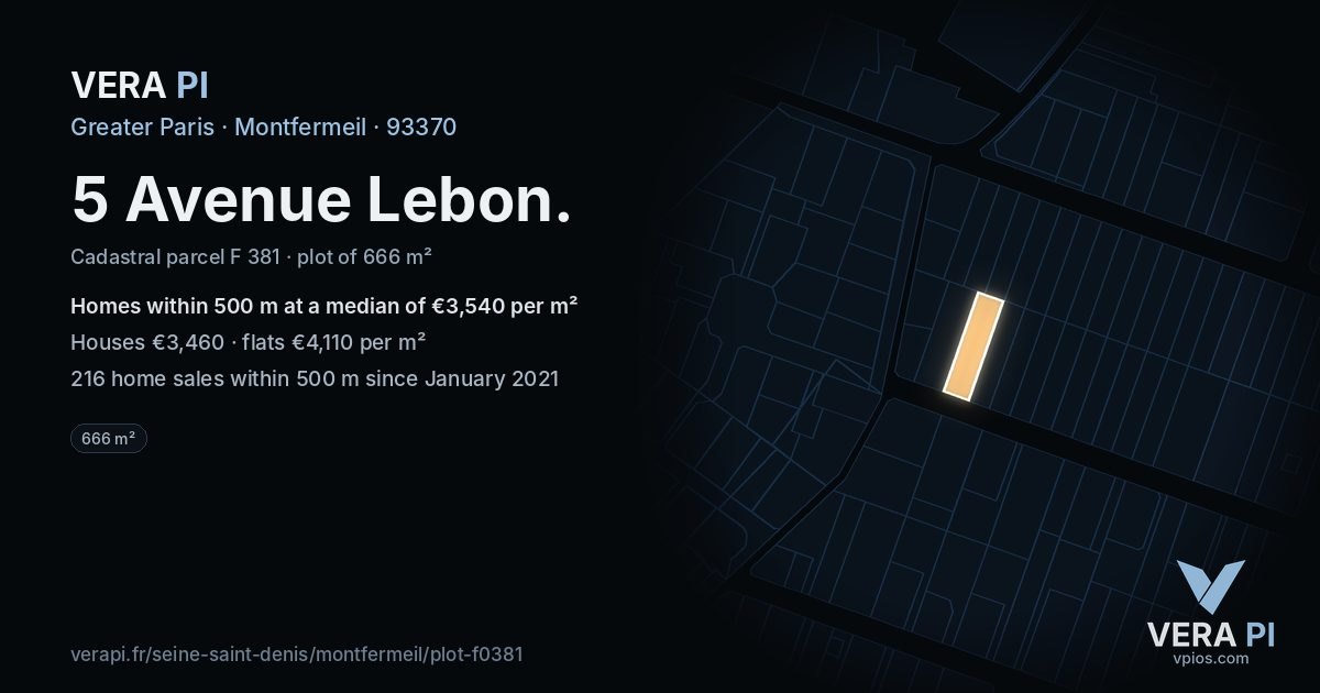 5 Avenue Lebon, Montfermeil at night – the plot lit, the parcels around coloured by the prices near them